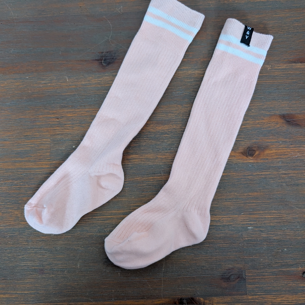 Knee-High Kids Socks in Blush Pink with White Stripe -